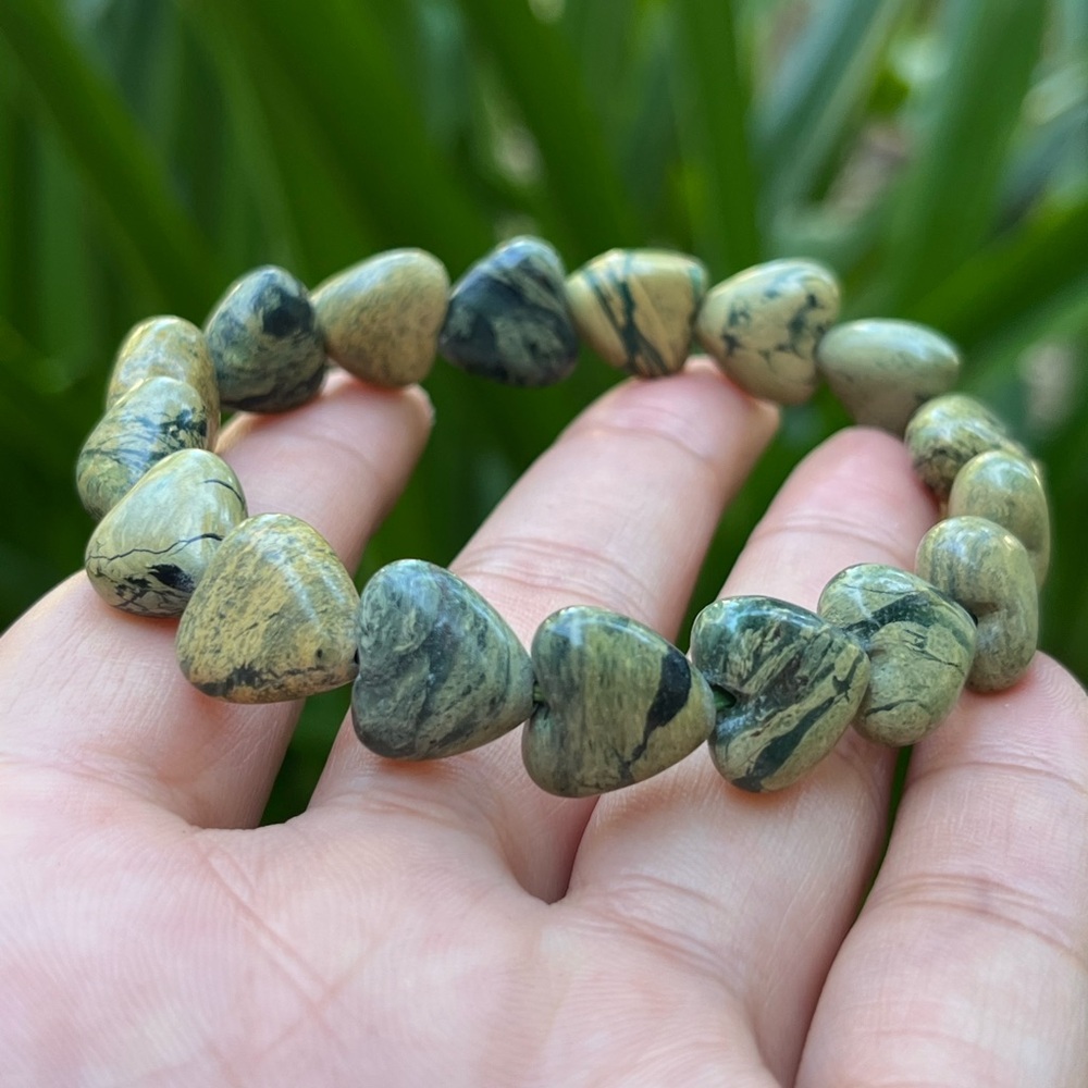 12mm stretchable yellow dragon skin‎ jasper heart bracelet